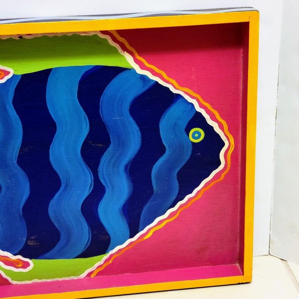 Tropical Bright Fish Handpainted Wooden Tray Signed By Artist 1993 Vintage OOAK - Picture 2 of 12